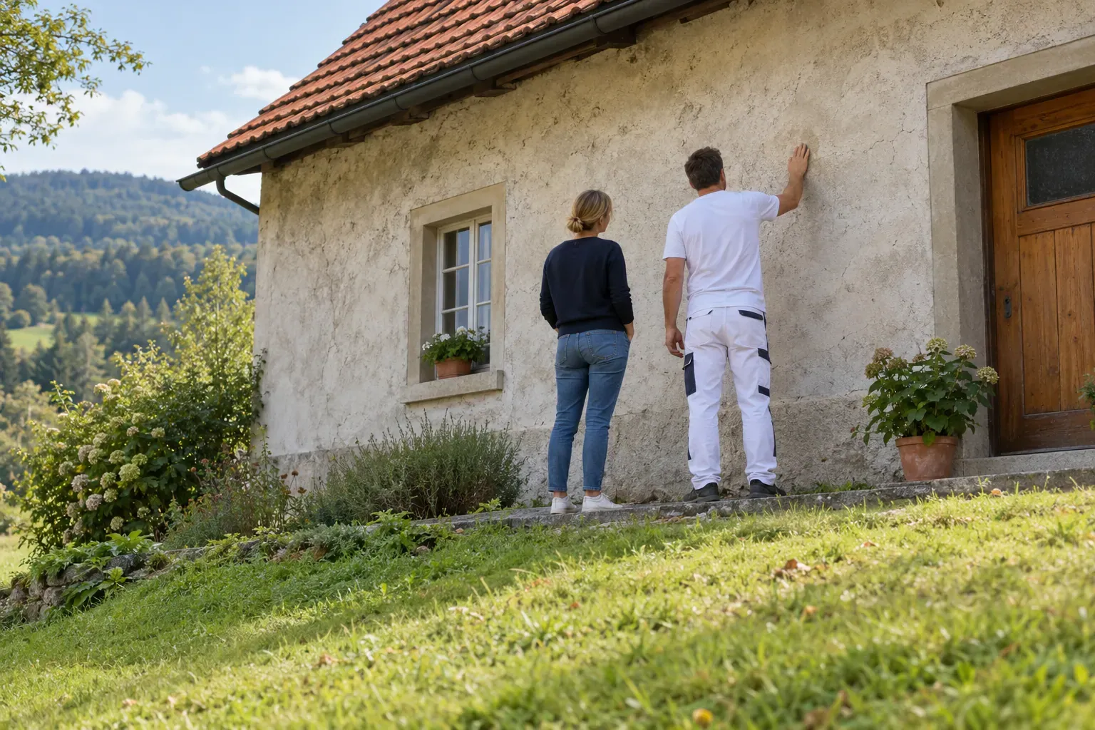 Handwerker prüft die Fassade eines Hauses