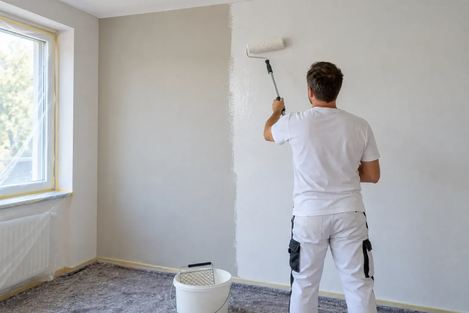 Maler streicht eine Innenwand mit der Farbrolle