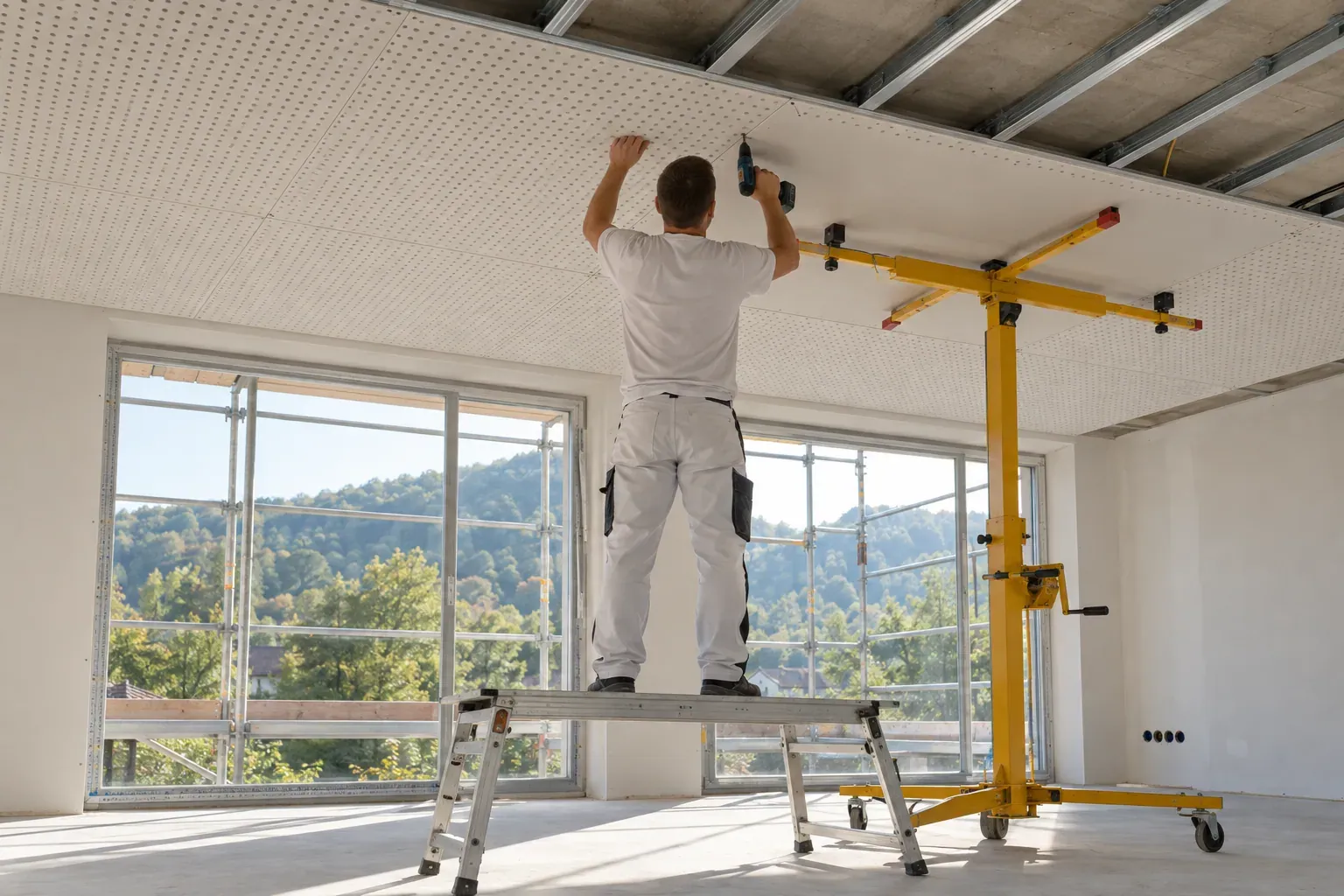 Handwerker montiert eine Trockenbaudecke