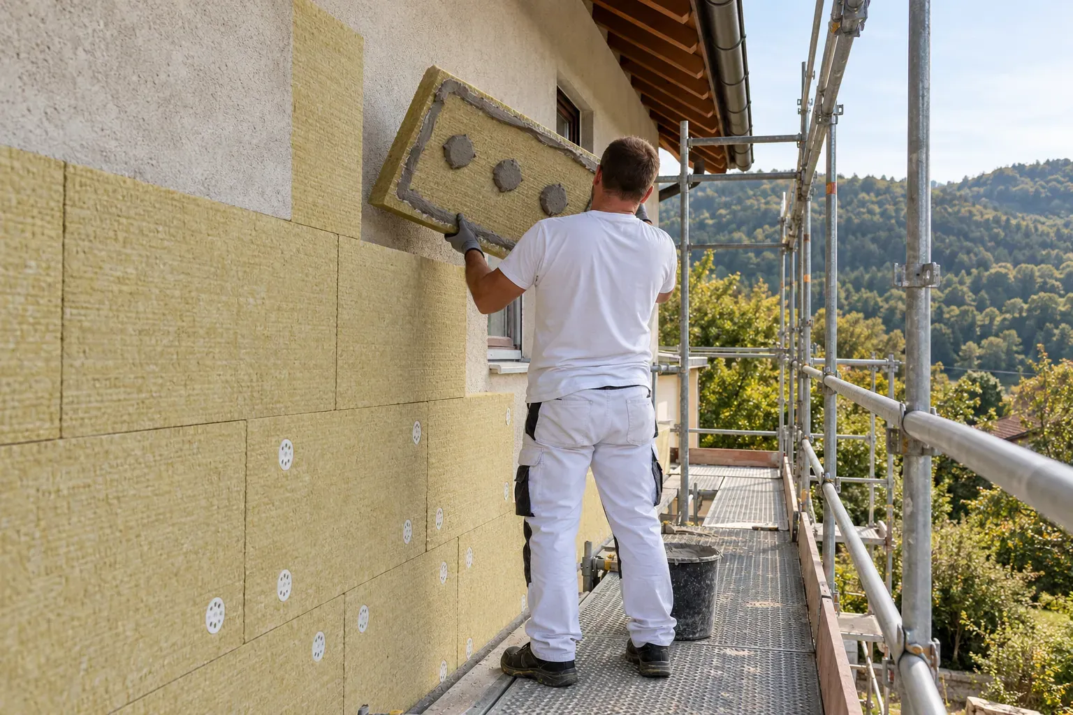 Handwerker bringt Dämmplatten an einer Außenwand an